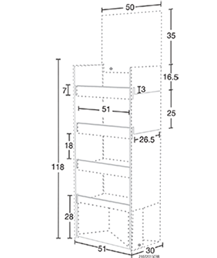 XR2 exhibidor para piso de 4 niveles y faldón , fabricado en cartón corrugado blanco