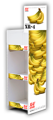 Rack de 3 niveles fabricado en cartón corrugado blanco modelo XR4. Venta desde un exhibidor en blanco o impreso.