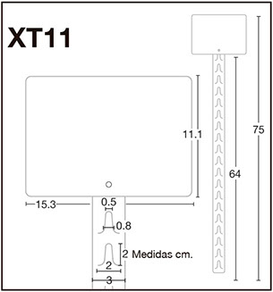 XT11 Tira exhibidora de PVC con 21 ganchos y copete con impresión digital. Para venta de producto por menudeo
