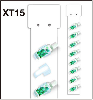 XT15 Tira exhibidora con 8 canstillas de PVC cirstal, para una exhibición perfecta de su producto. Tira de caple y ojillos niquelados