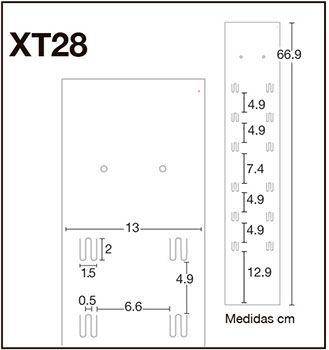 XT28 Tira exhbidora PVC 12 ganchos ordenados en dos filas y dividido en dos secciones