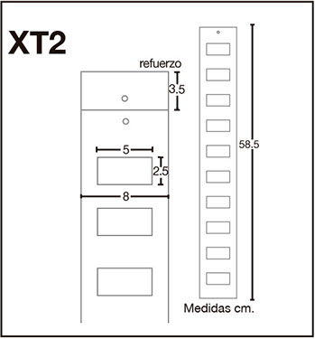 XT2 es una tira de impulso de cartón con 10 ventanas para exhibir producto, para venta a granel. Para tiendas, farmacias, autoservicios