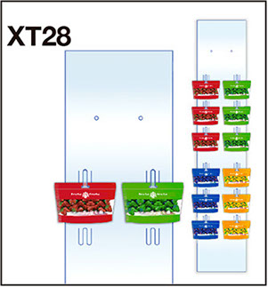 Tira exhibidora de PVC cristal. 2 pares de ganchos en 6 niveles y dividido en 2 secciones, ideal para productos con variedad de presentación