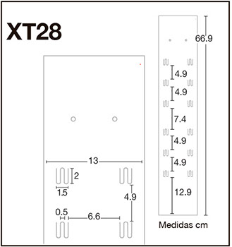 XT28 Tira exhbidora PVC 12 ganchos ordenados en dos filas y dividido en dos secciones